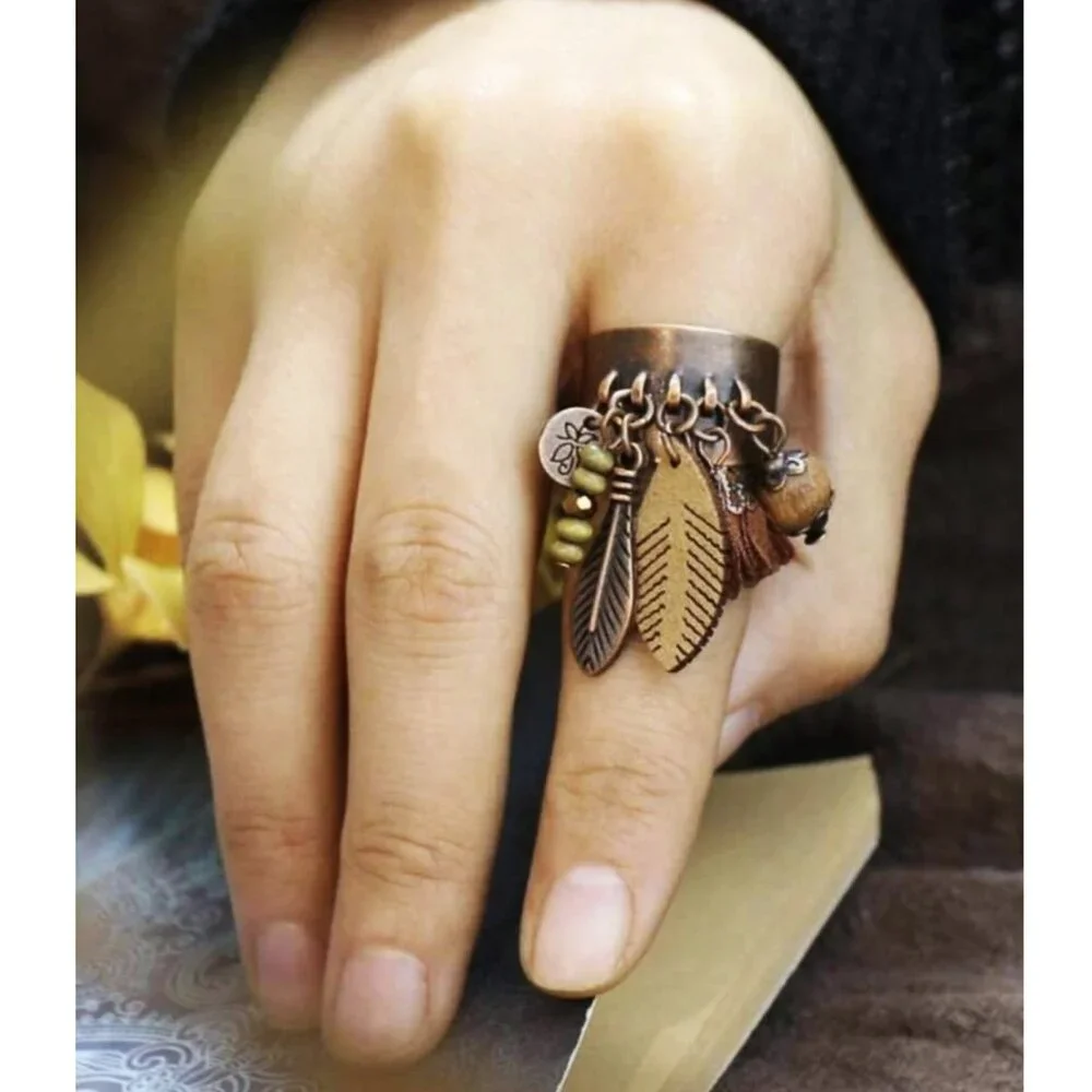 Ring. Bohemian Style Adjustable Antique Bronze Feather Tassel Bead Charms. OSFM. - Picture 4 of 10